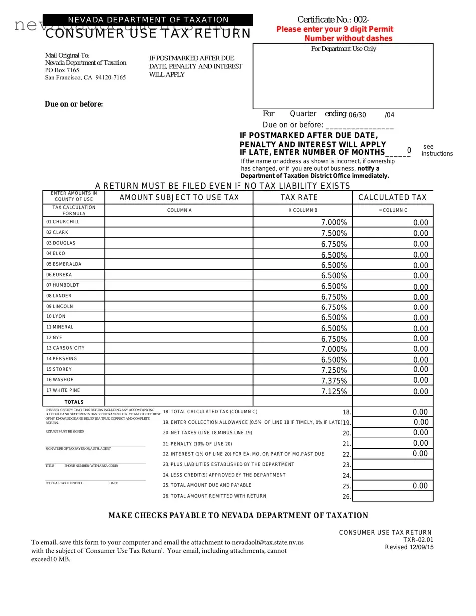 Consumer Use Tax Return Nevada Form