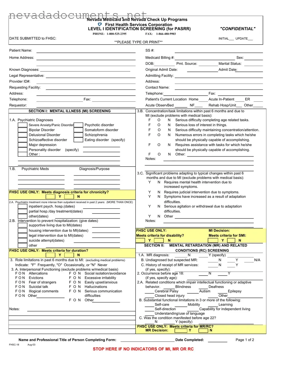 Fhsc 18 Nevada Form
