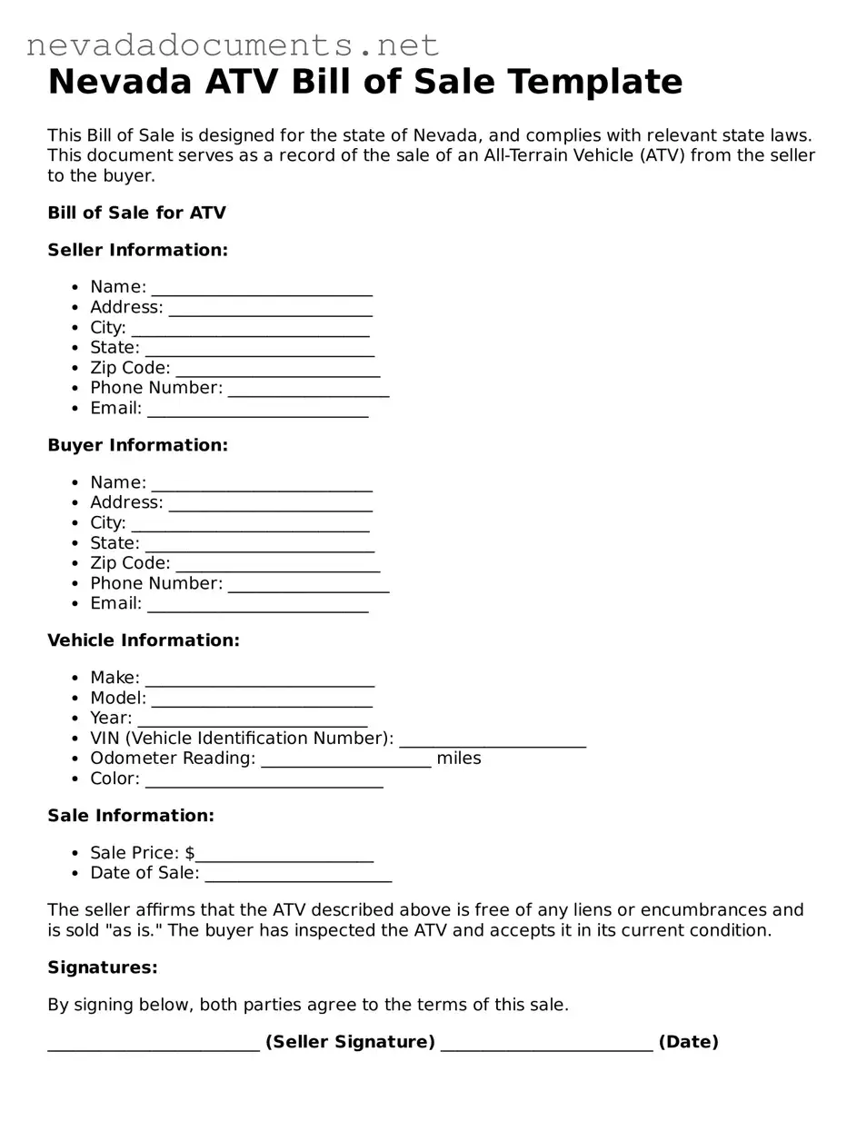Valid ATV Bill of Sale Document for the State of Nevada