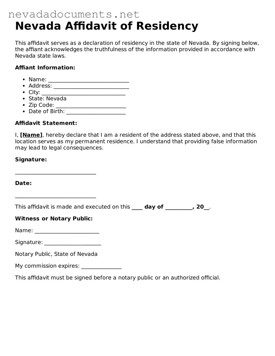 Valid Affidavit of Residency Document for the State of Nevada