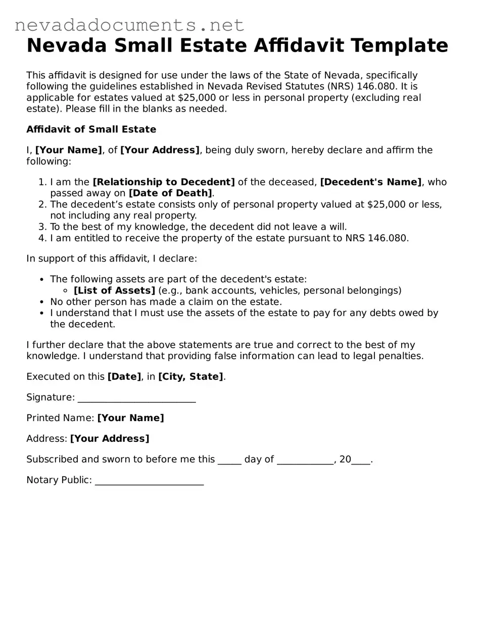 Valid Small Estate Affidavit Document for the State of Nevada