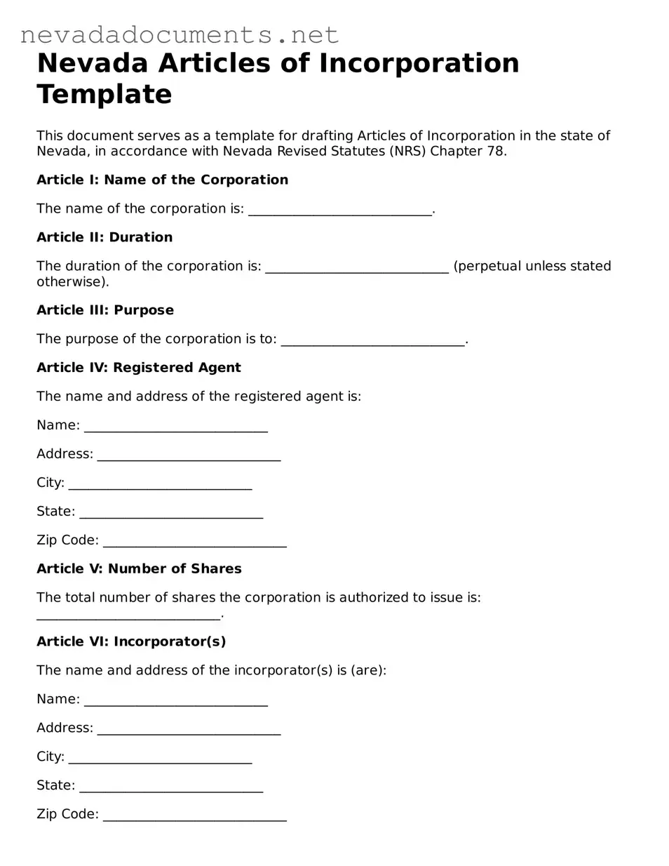 Valid Articles of Incorporation Document for the State of Nevada