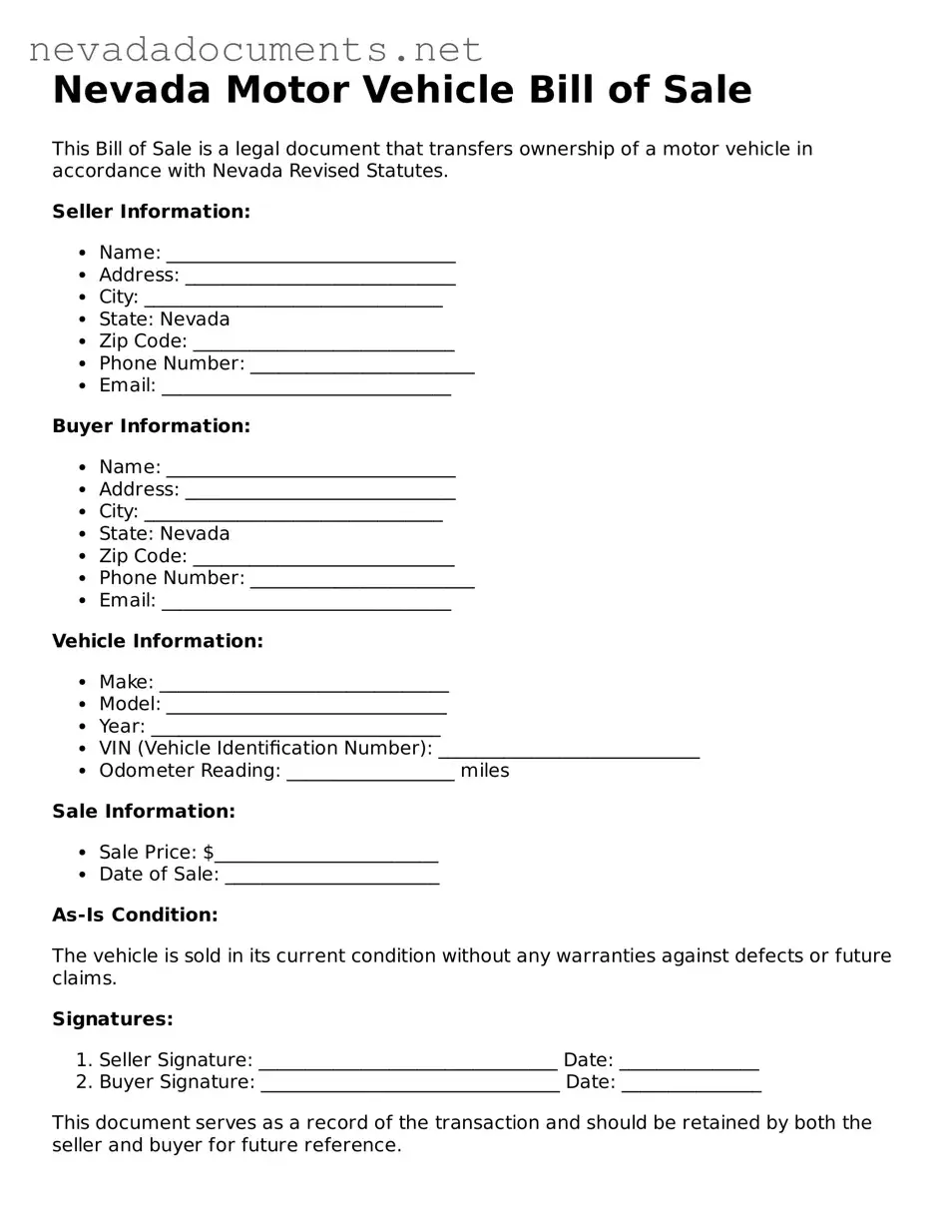 Valid Motor Vehicle Bill of Sale Document for the State of Nevada