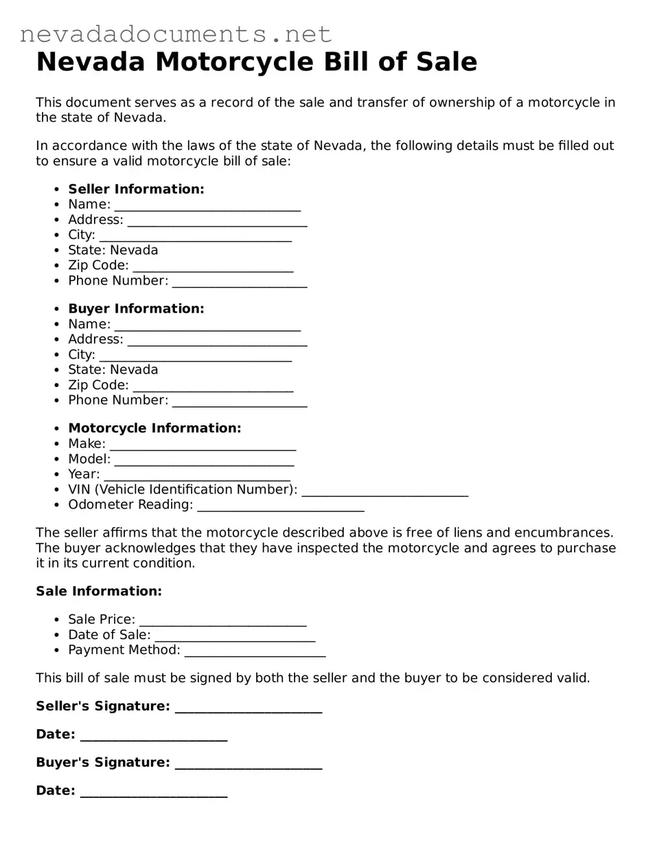 Valid Motorcycle Bill of Sale Document for the State of Nevada