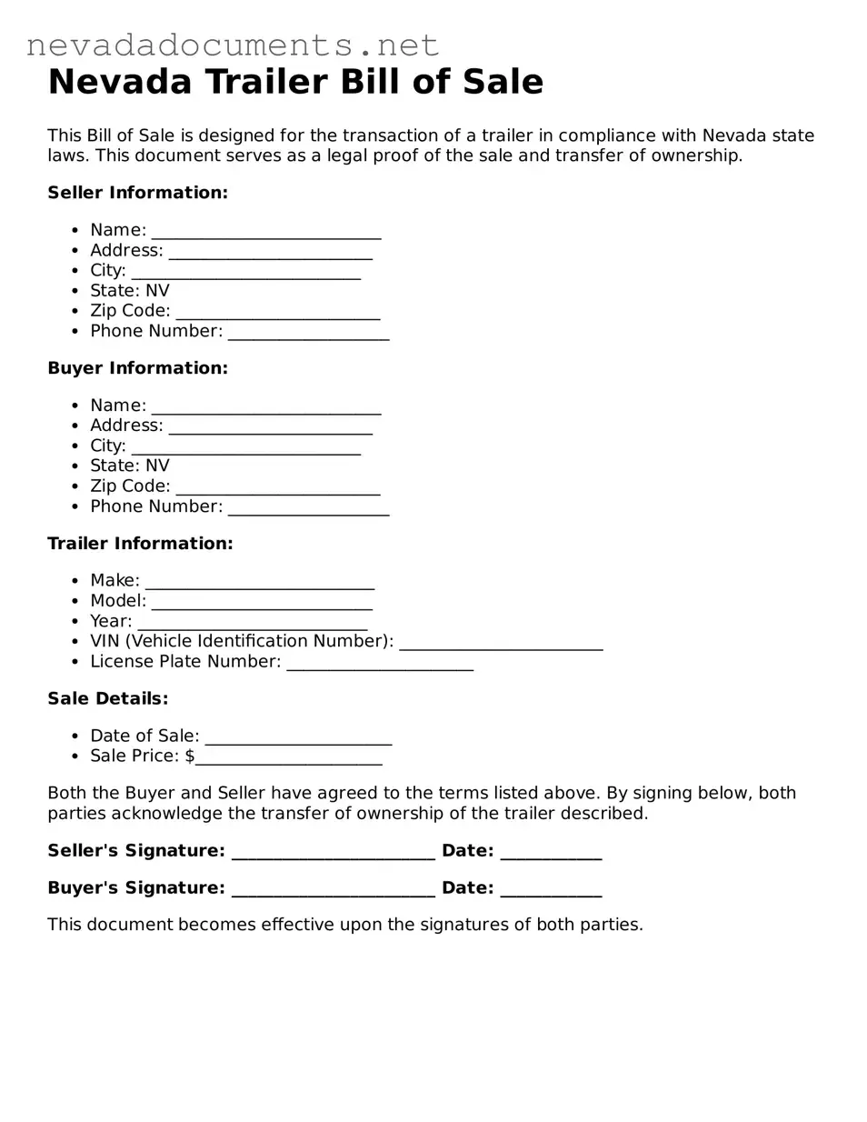 Valid Trailer Bill of Sale Document for the State of Nevada