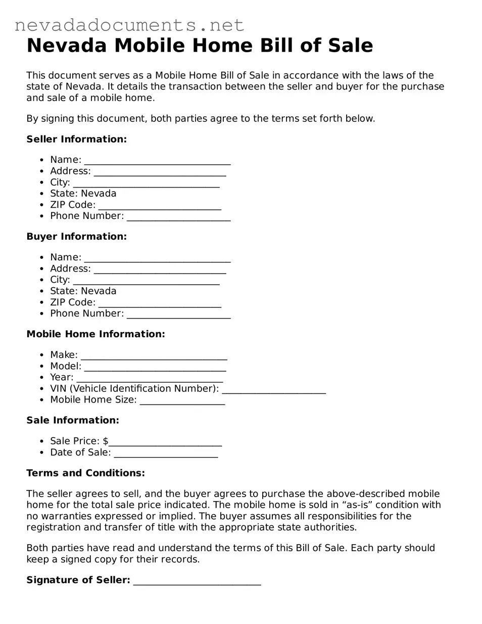 Valid Mobile Home Bill of Sale Document for the State of Nevada