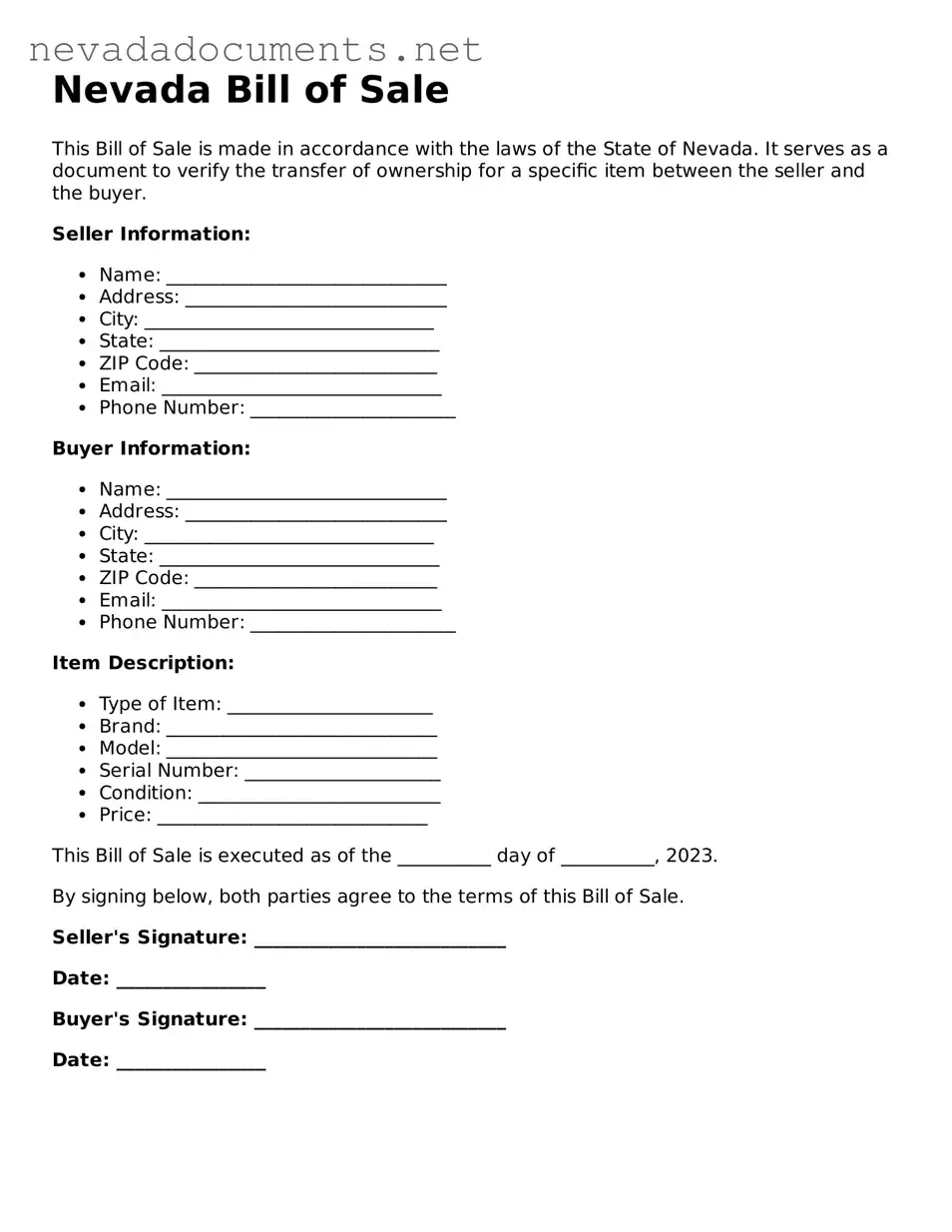 Valid Bill of Sale Document for the State of Nevada