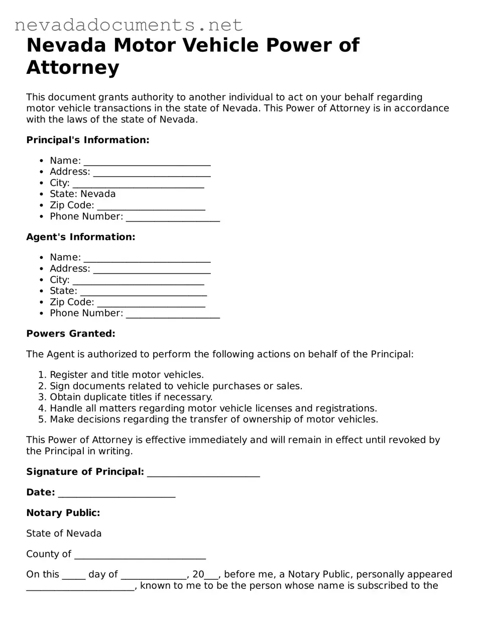 Valid Motor Vehicle Power of Attorney Document for the State of Nevada