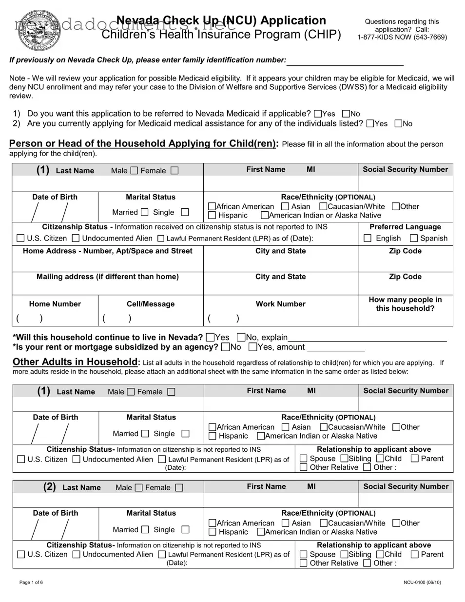 Nevada Check Up Application Form