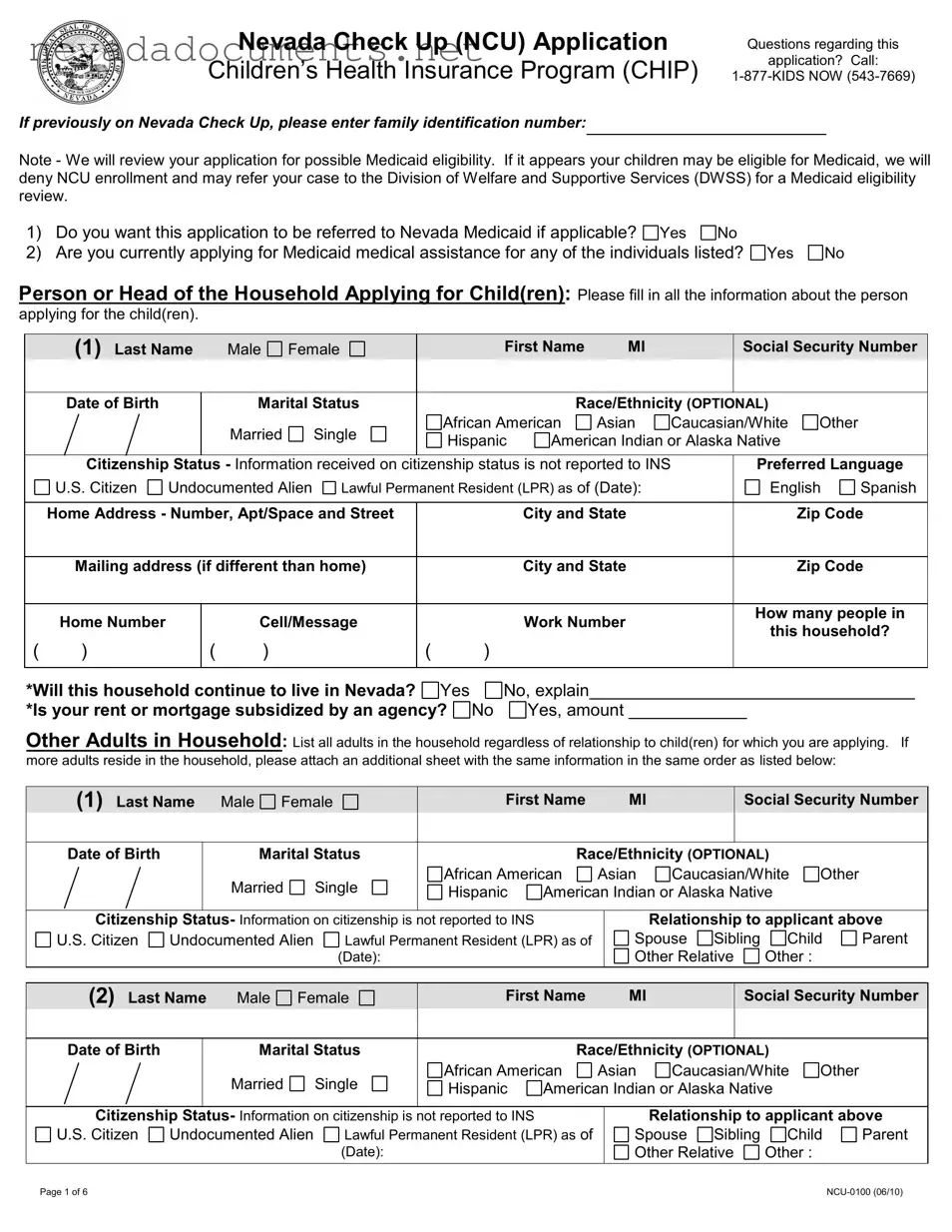 Nevada Check Up Form