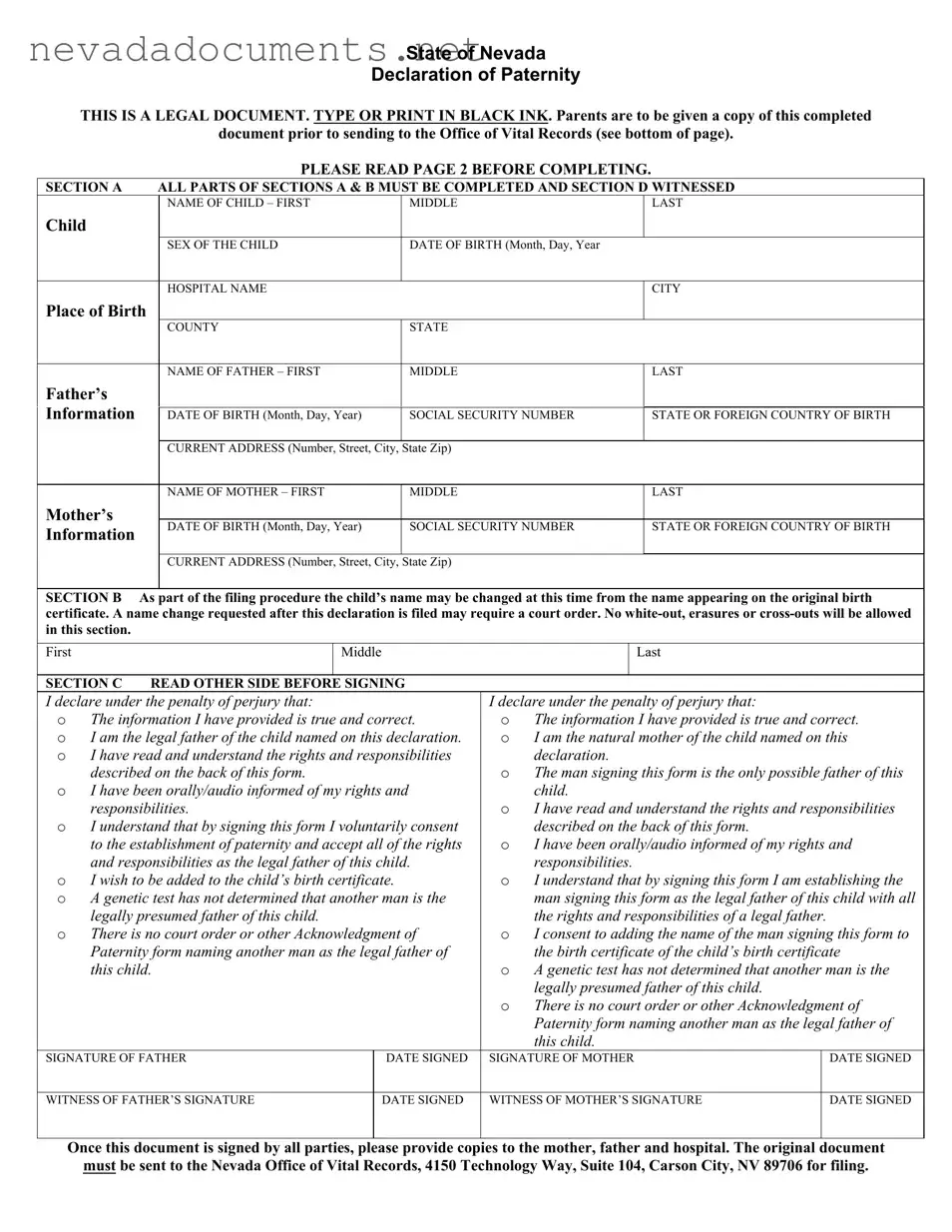 Nevada Declaration Of Paternity Form