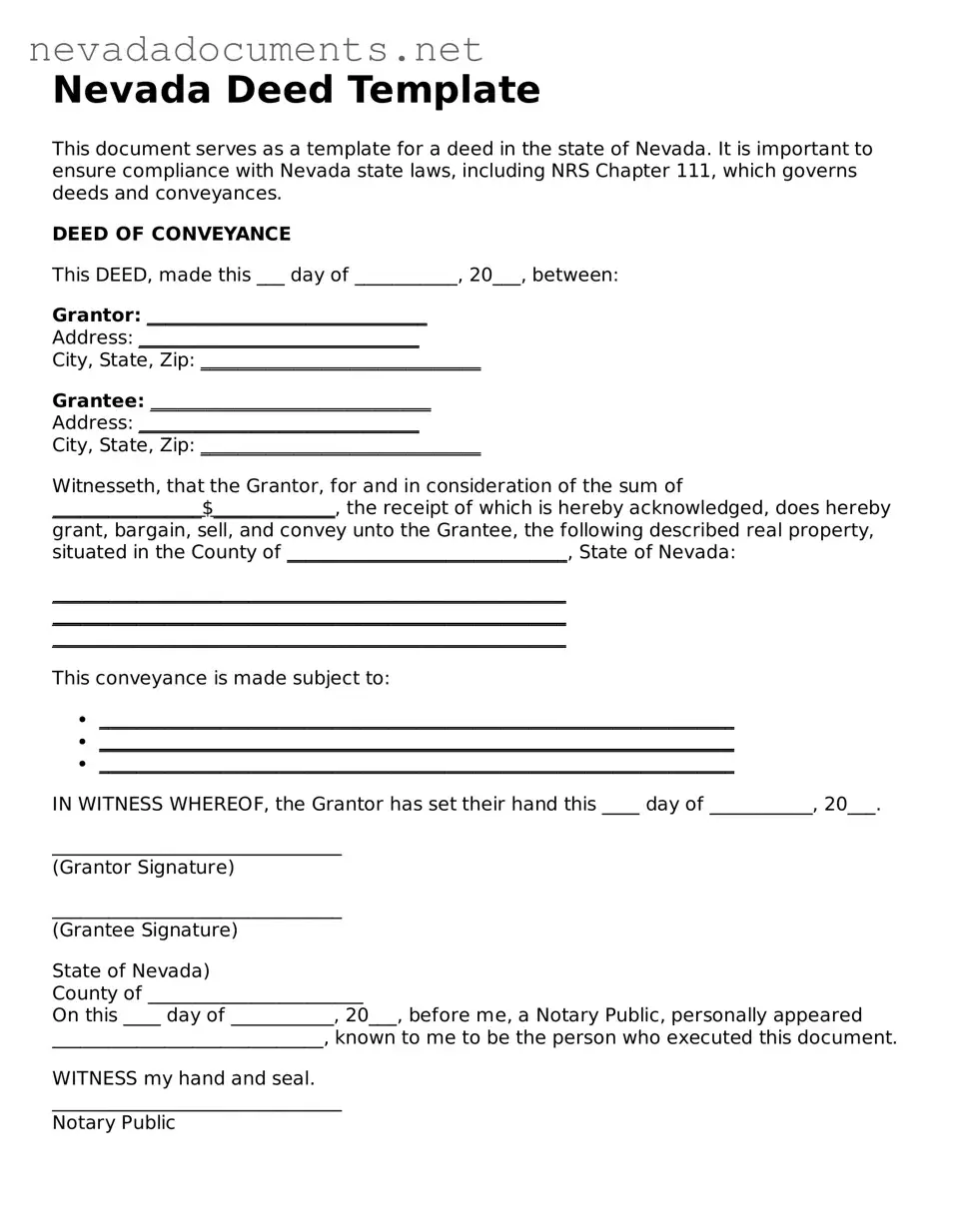 Valid Deed Document for the State of Nevada