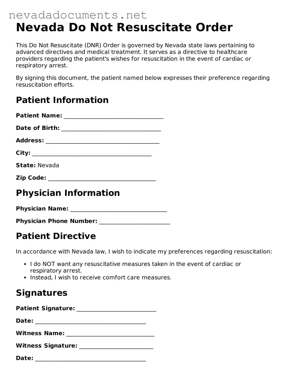 Valid Do Not Resuscitate Order Document for the State of Nevada
