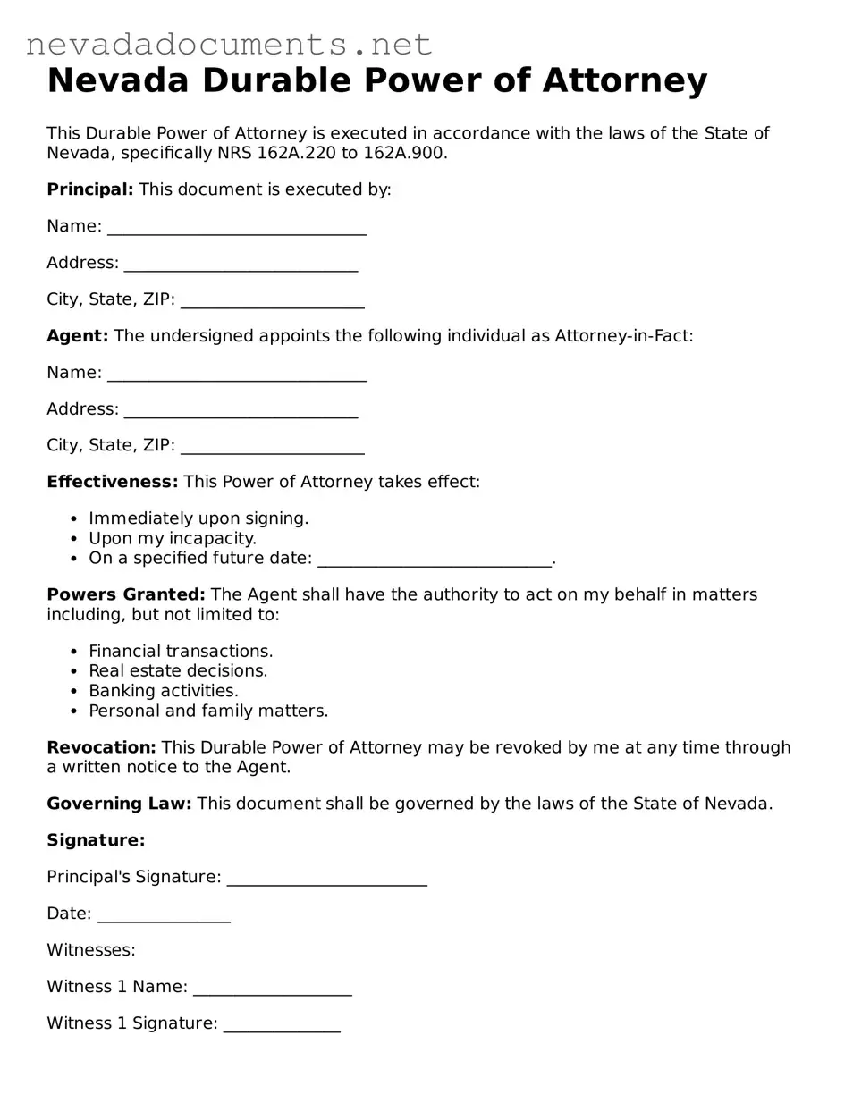 Valid Durable Power of Attorney Document for the State of Nevada