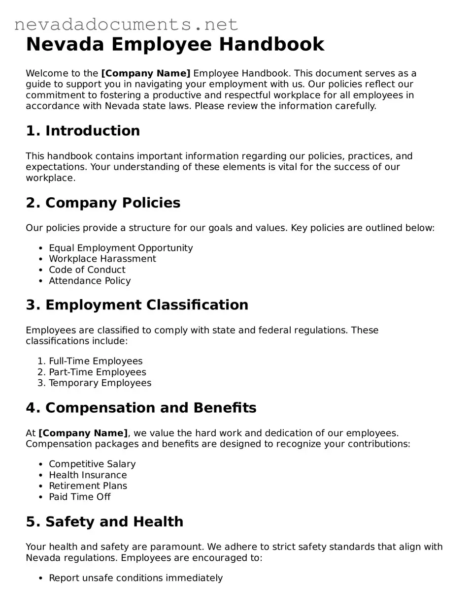 Valid Employee Handbook Document for the State of Nevada