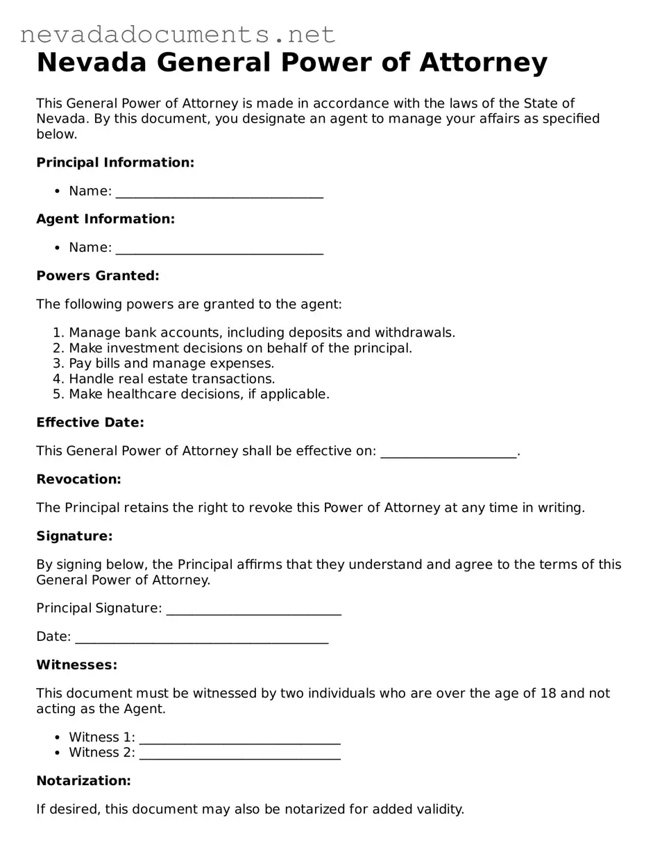 Valid General Power of Attorney Document for the State of Nevada