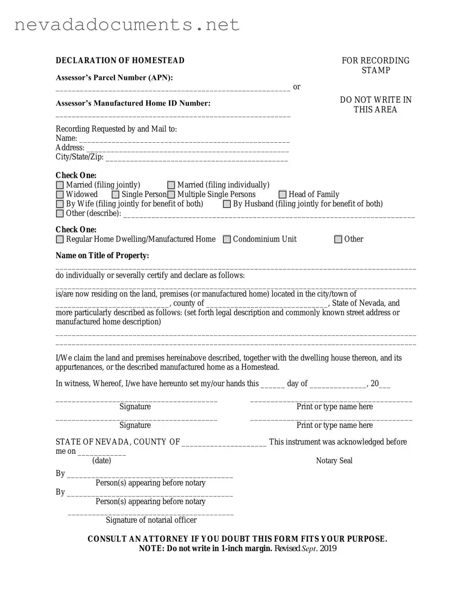 Nevada Homestead Form