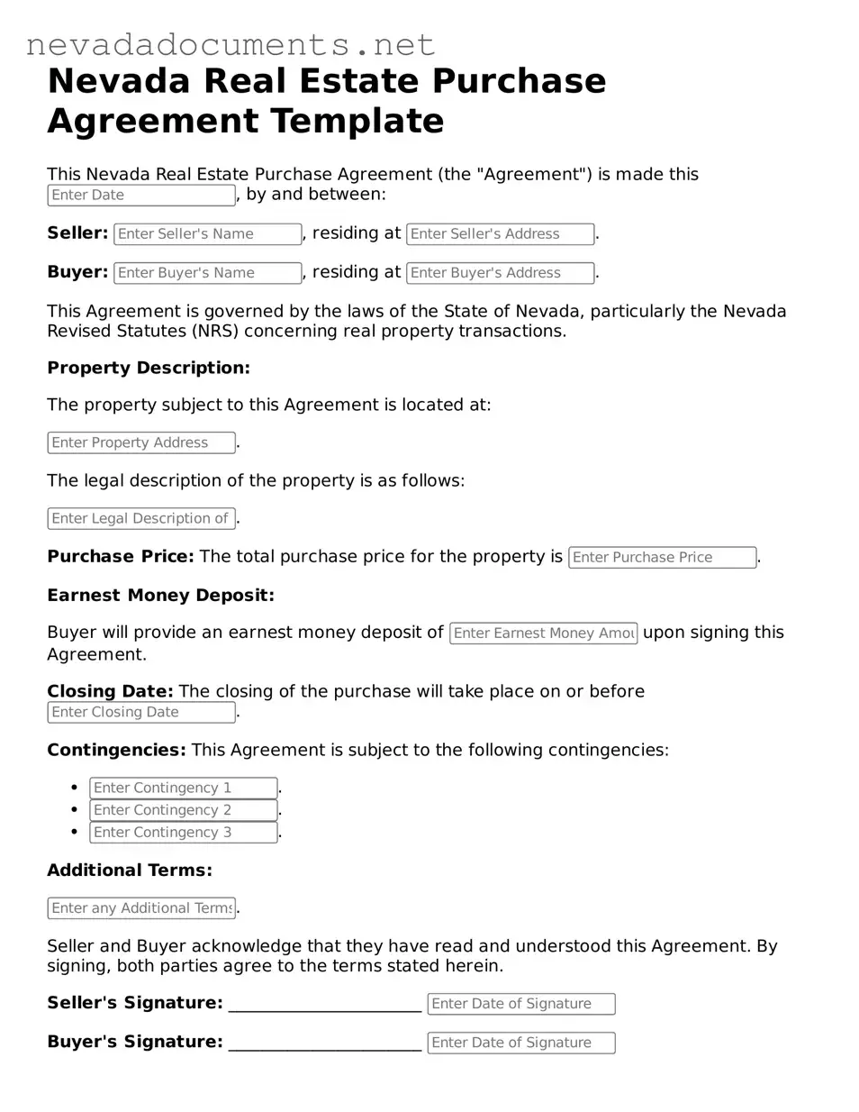 Valid Real Estate Purchase Agreement Document for the State of Nevada