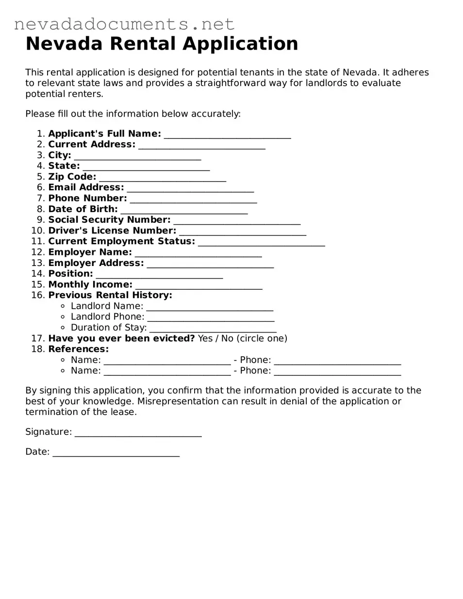 Valid Rental Application Document for the State of Nevada