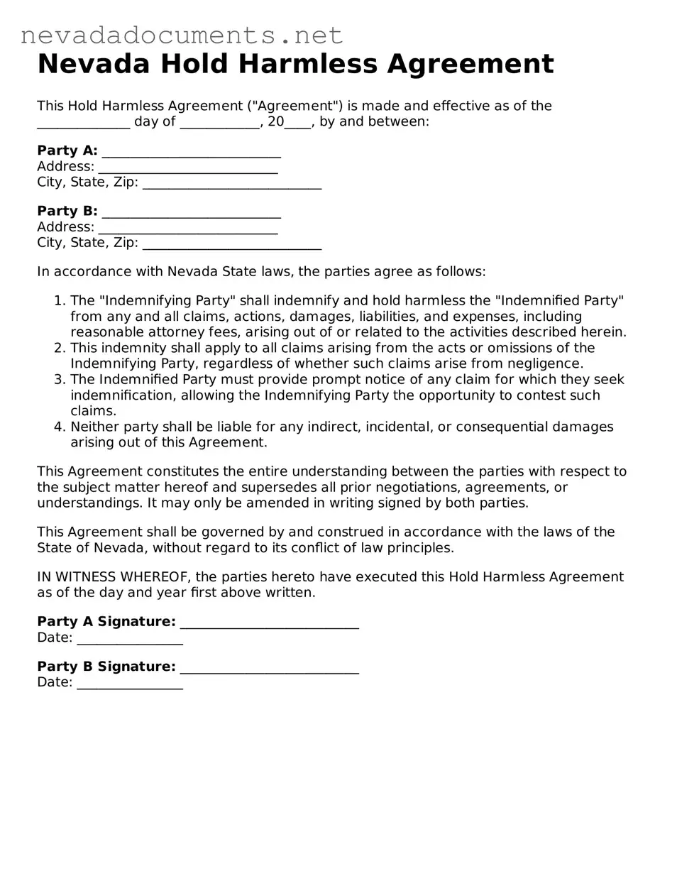 Valid Hold Harmless Agreement Document for the State of Nevada