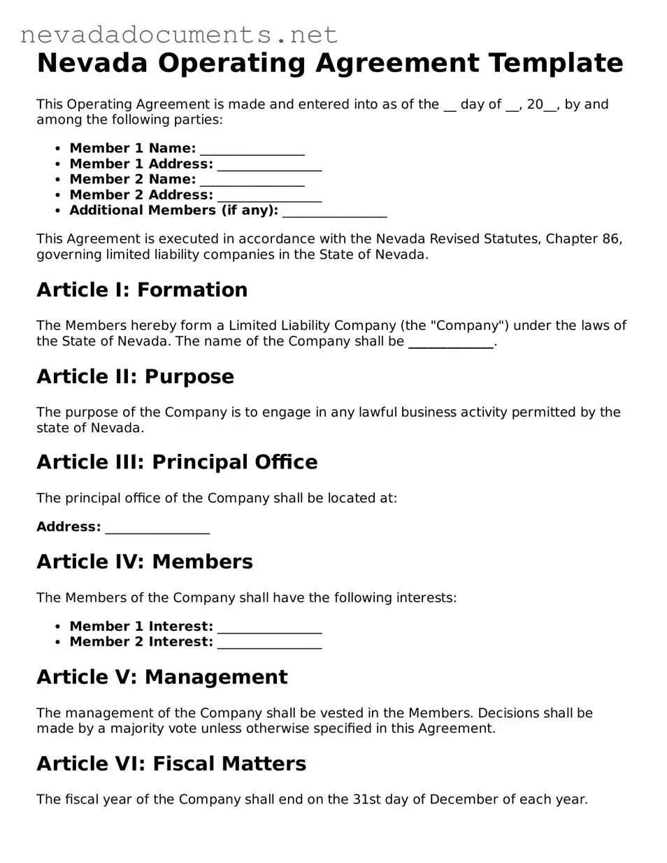 Valid Operating Agreement Document for the State of Nevada