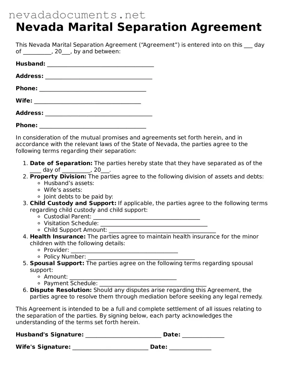 Valid Marital Separation Agreement Document for the State of Nevada