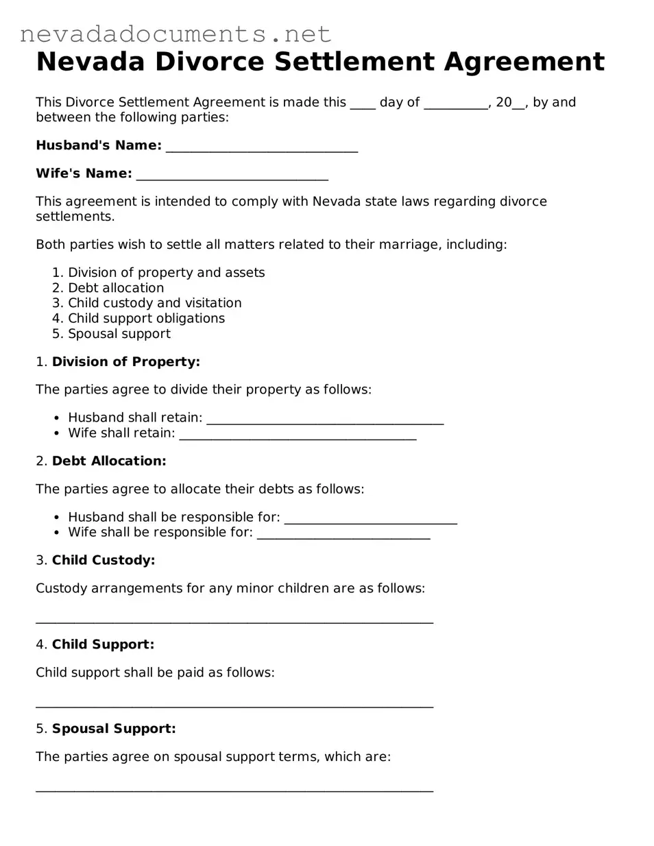 Valid Divorce Settlement Agreement Document for the State of Nevada