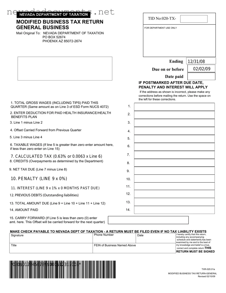 Nevada Modified Tax Return Form