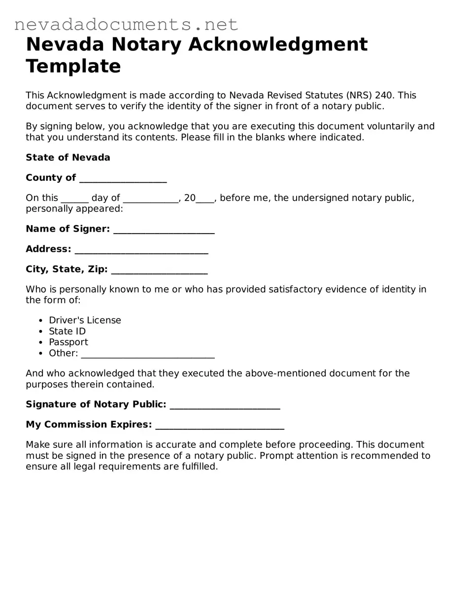 Valid Notary Acknowledgement Document for the State of Nevada