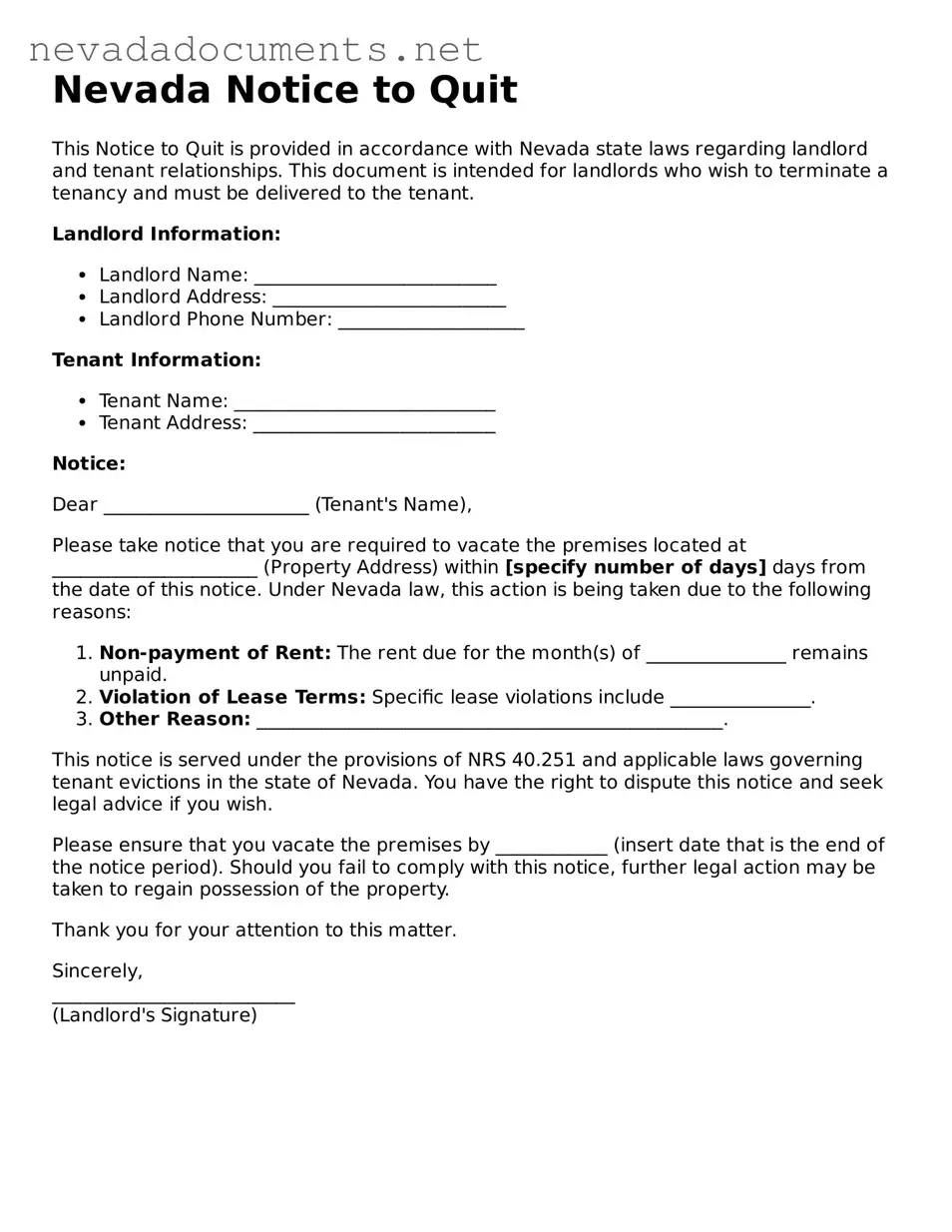 Valid Notice to Quit Document for the State of Nevada
