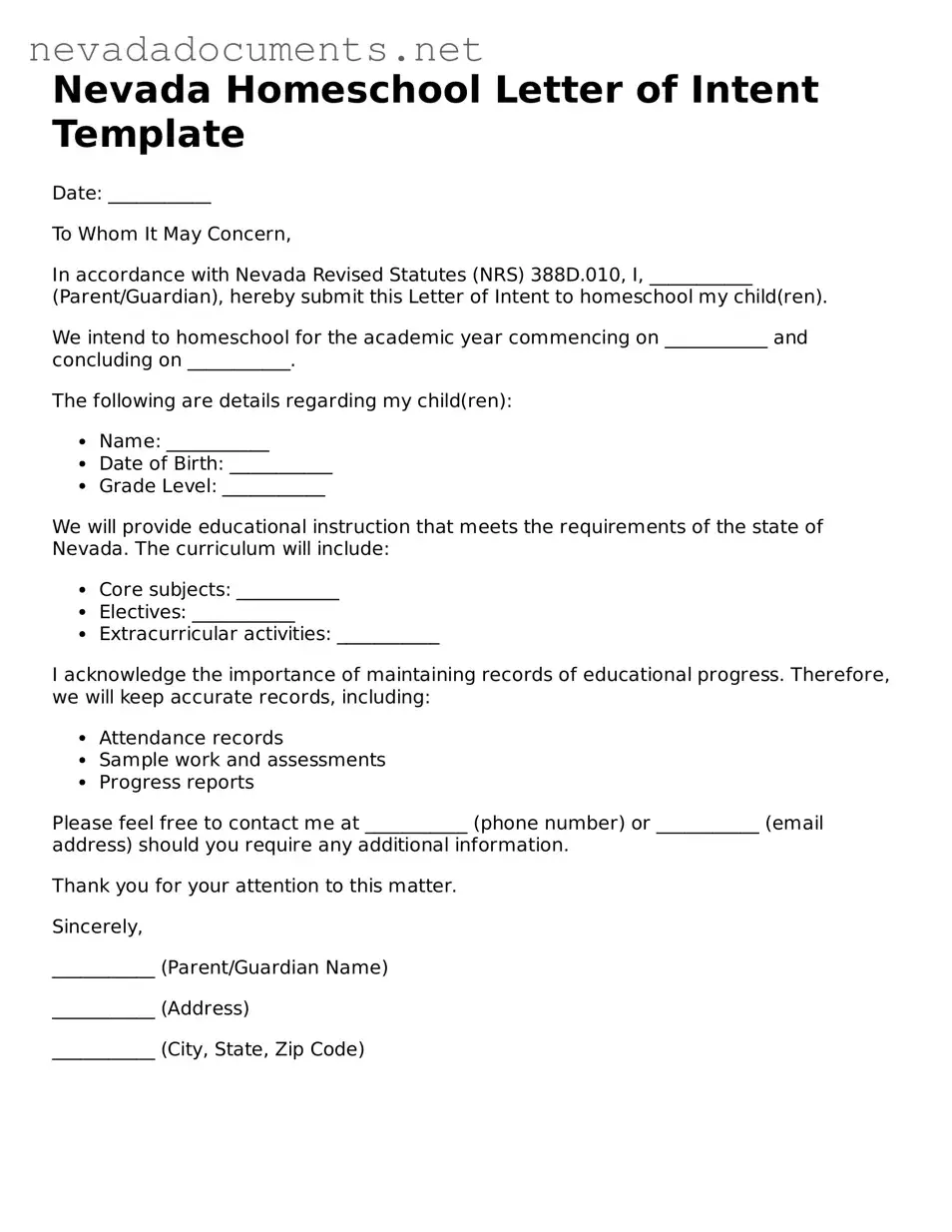 Valid Homeschool Letter of Intent Document for the State of Nevada