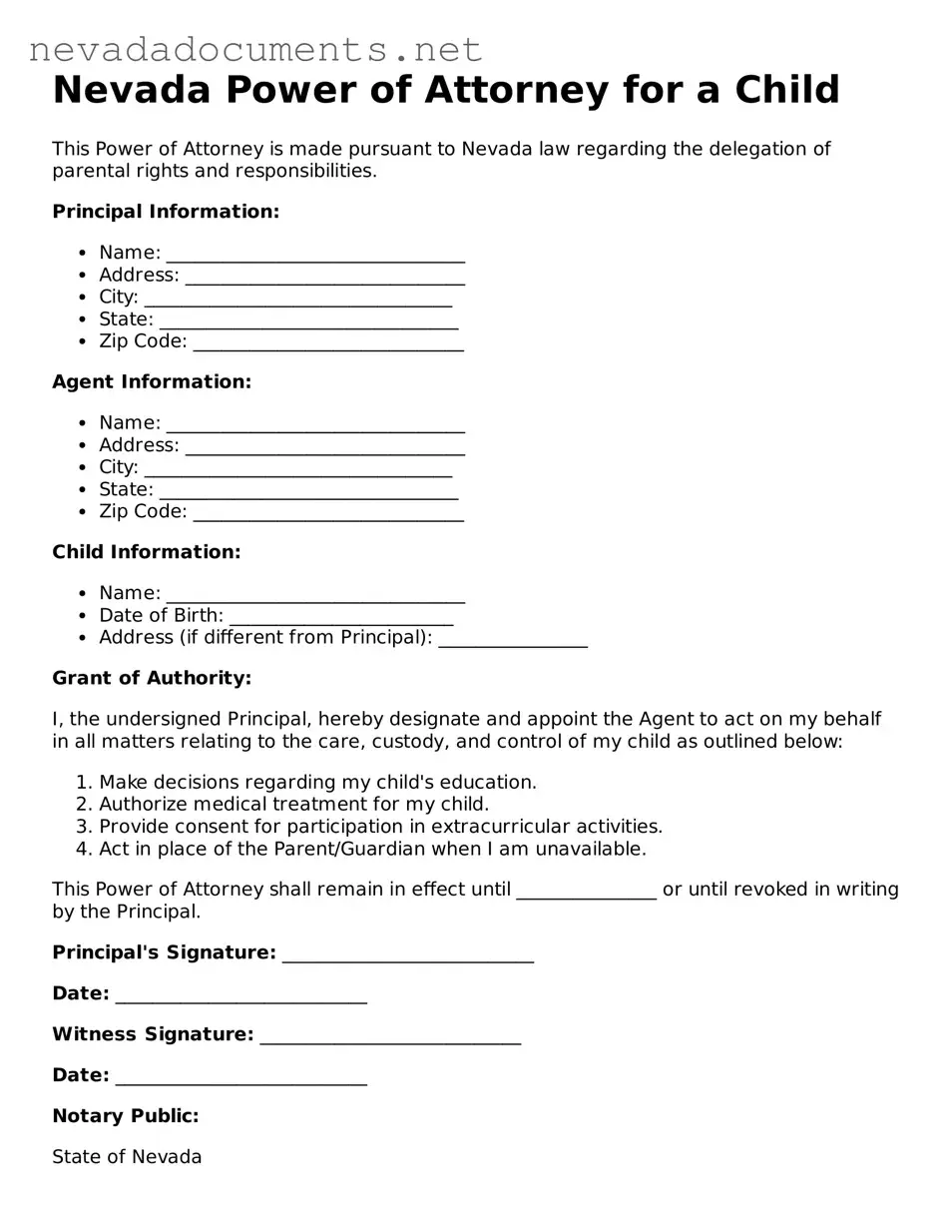 Valid Power of Attorney for a Child Document for the State of Nevada