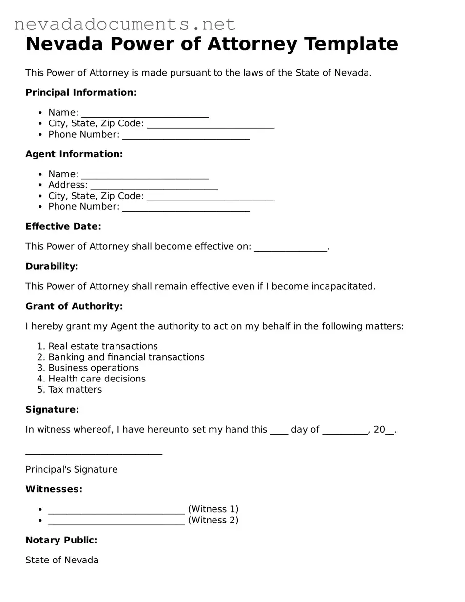 Valid Power of Attorney Document for the State of Nevada