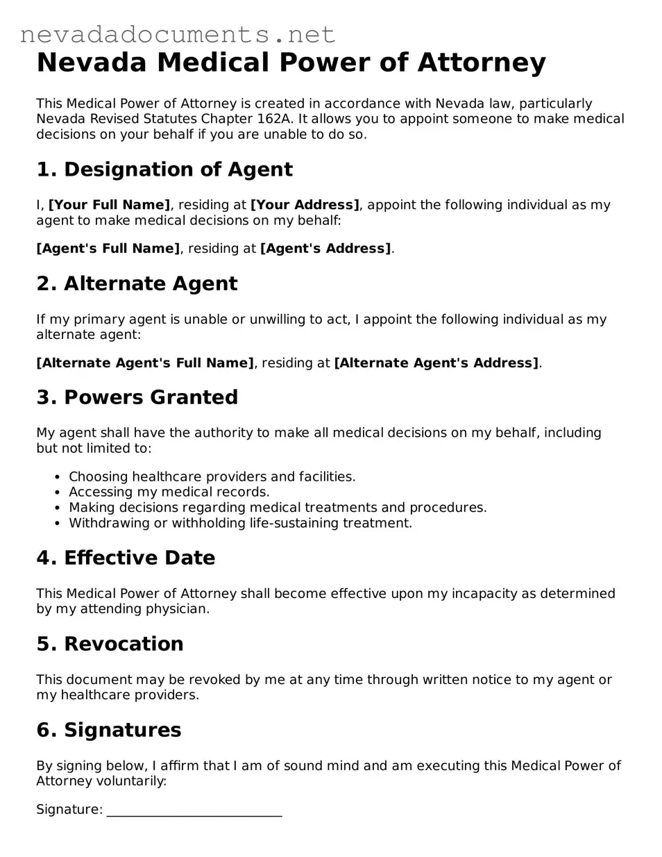 Valid Medical Power of Attorney Document for the State of Nevada