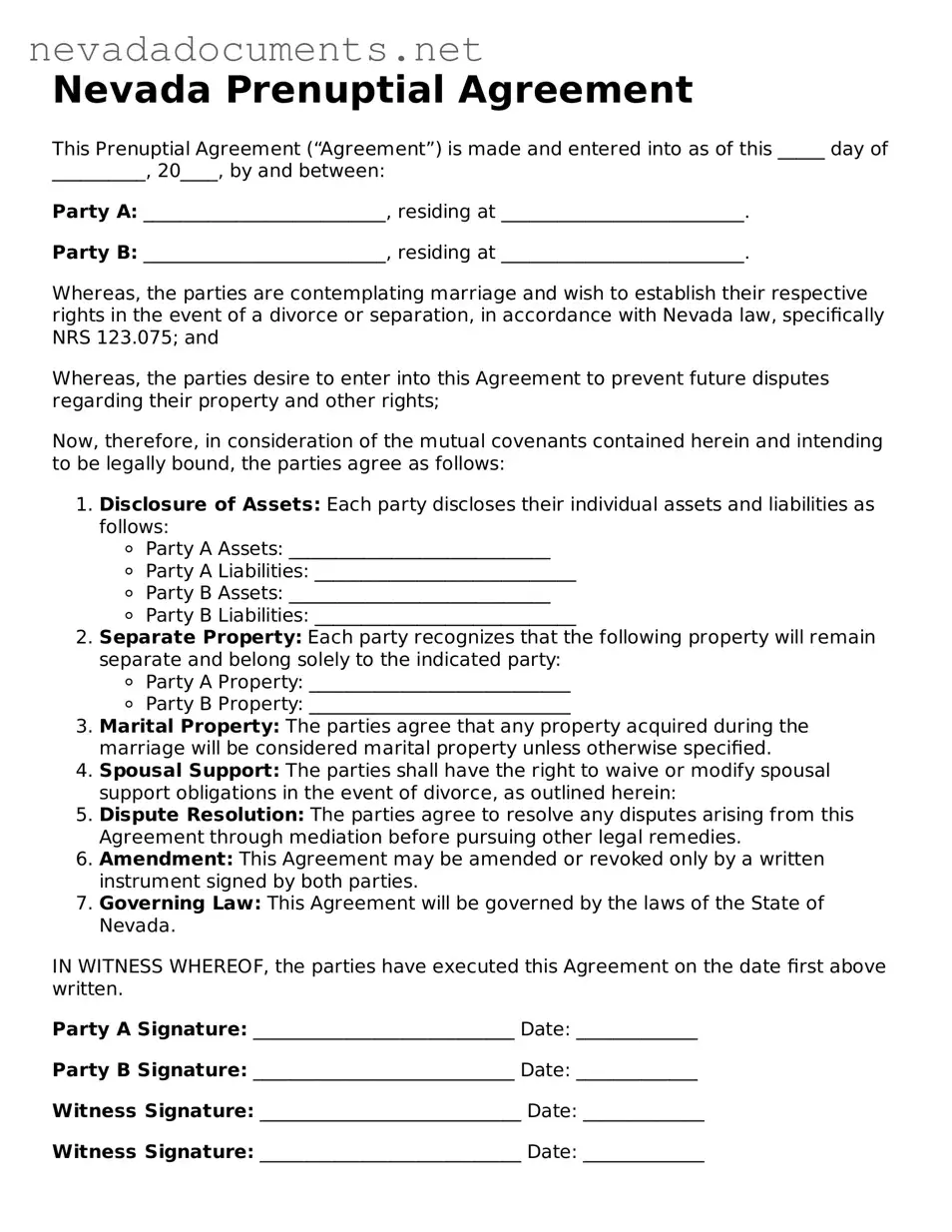 Valid Prenuptial Agreement Document for the State of Nevada
