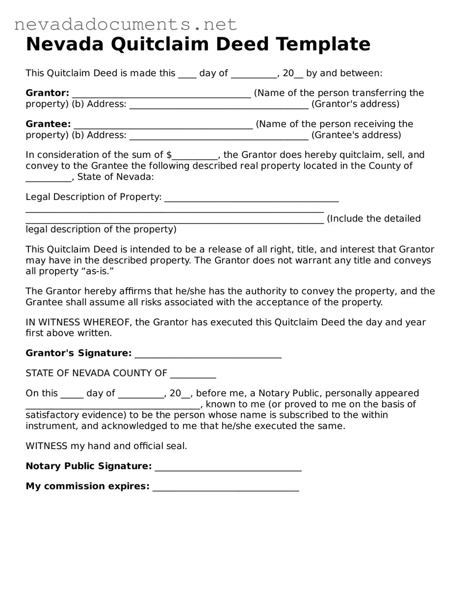 Valid Quitclaim Deed Document for the State of Nevada