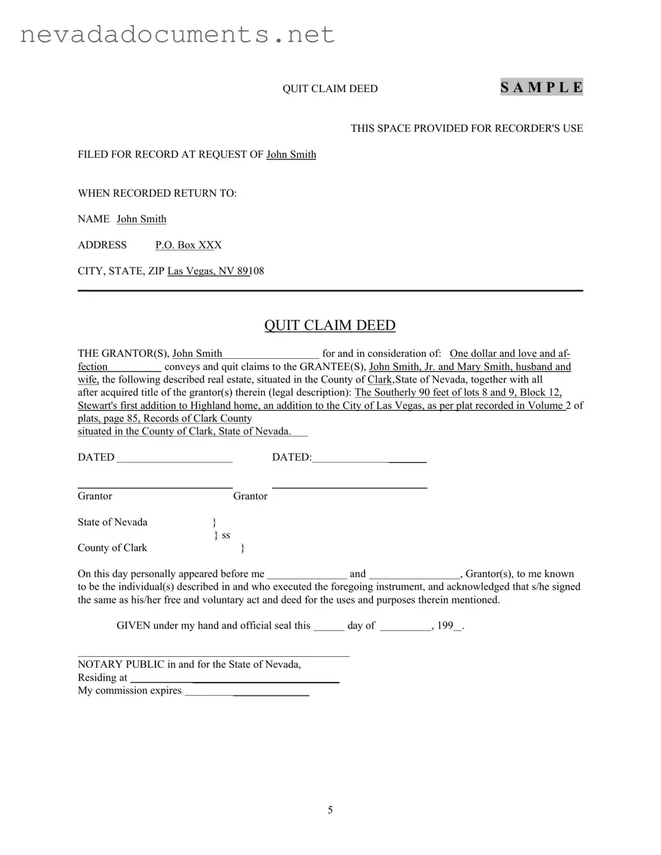 Nevada Quit Claim Form
