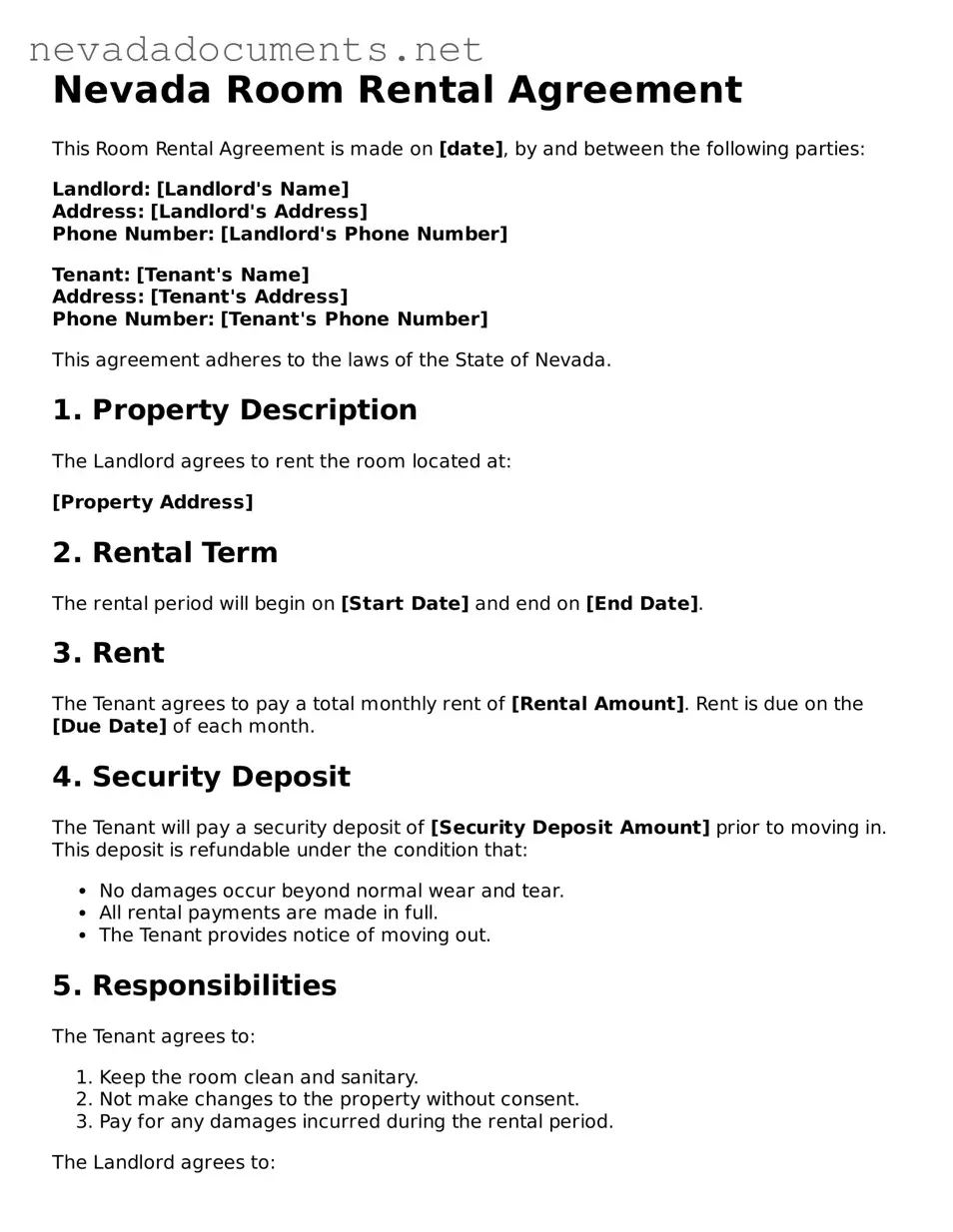 Valid Room Rental Agreement Document for the State of Nevada