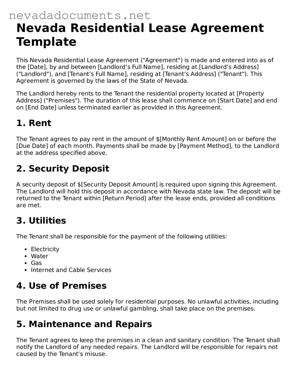Valid Lease Agreement Document for the State of Nevada