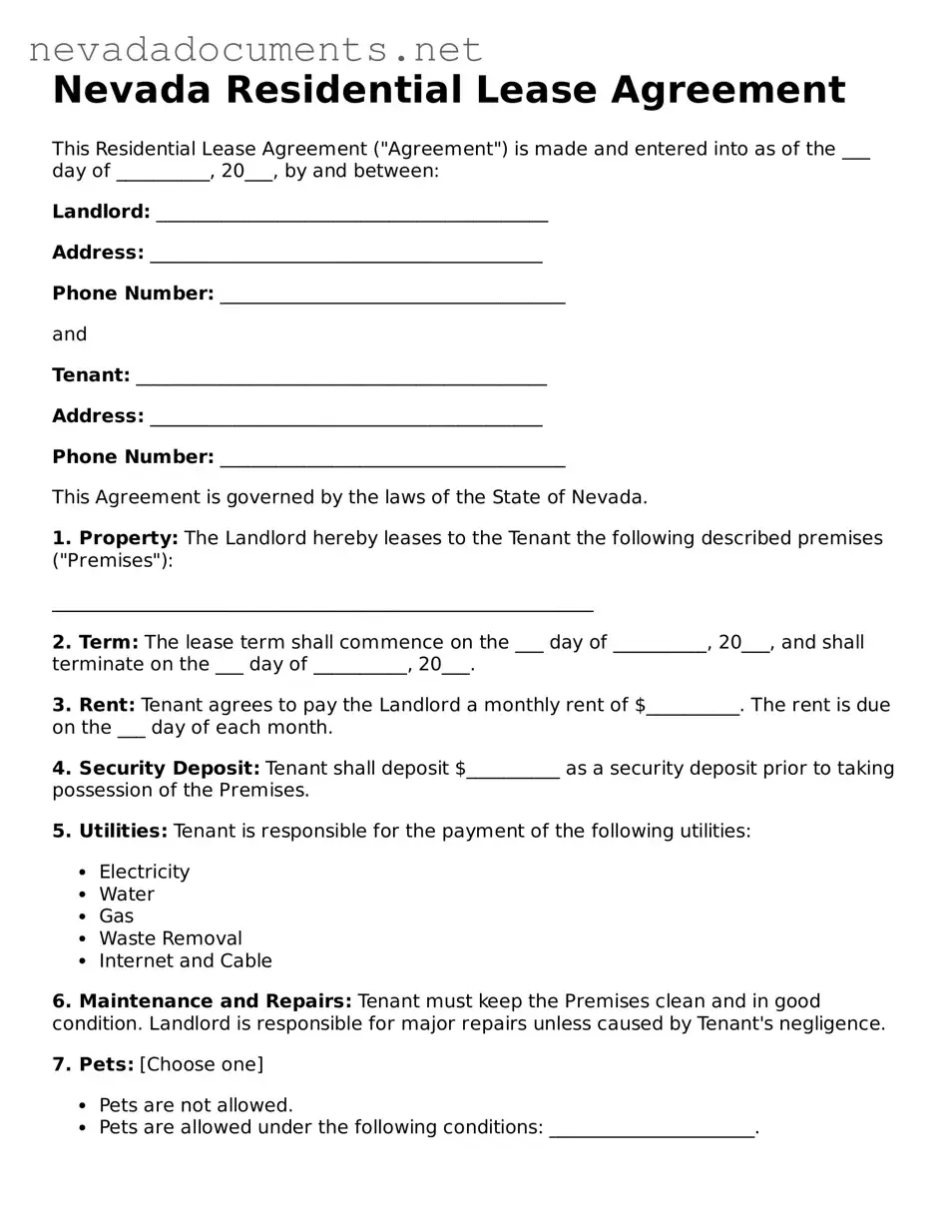 Valid Residential Lease Agreement Document for the State of Nevada