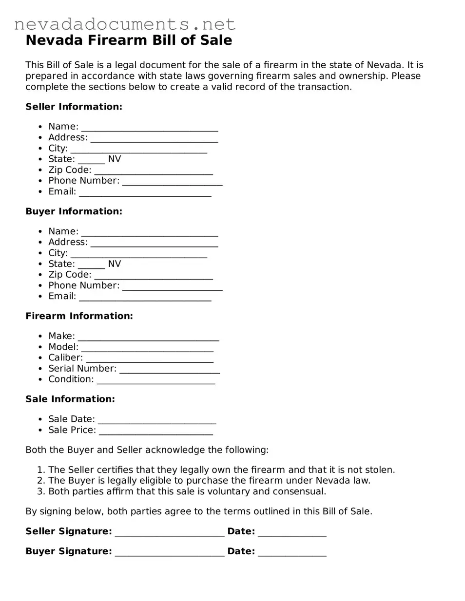 Valid Firearm Bill of Sale Document for the State of Nevada