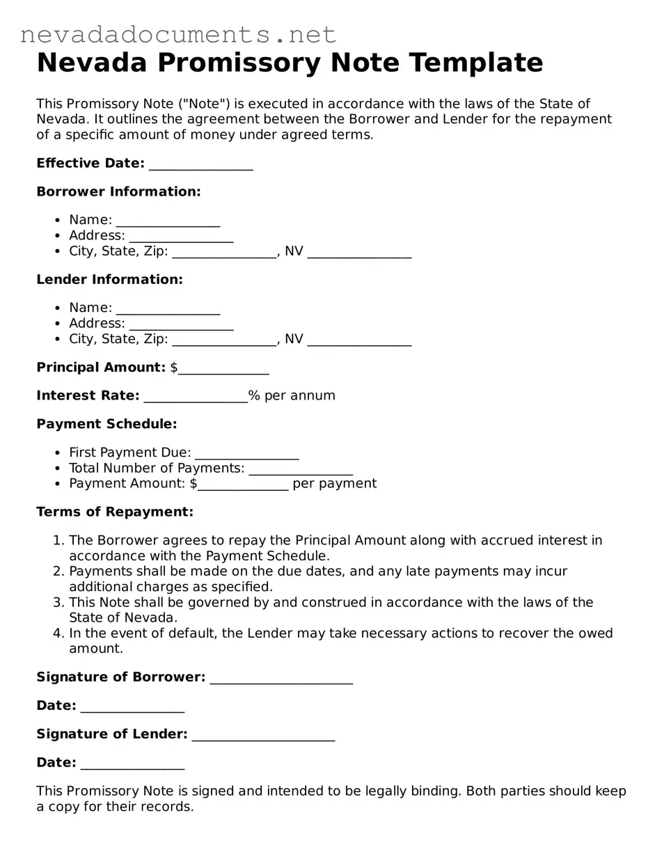 Valid Promissory Note Document for the State of Nevada