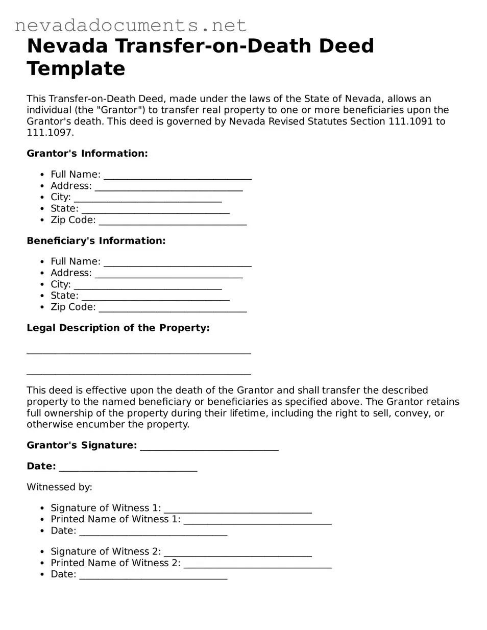 Valid Transfer-on-Death Deed Document for the State of Nevada