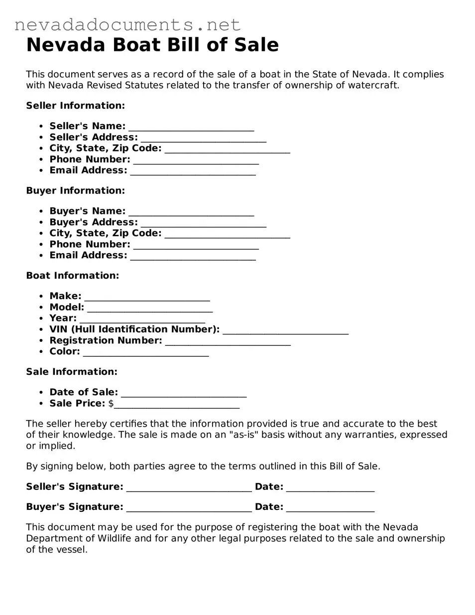 Valid Boat Bill of Sale Document for the State of Nevada