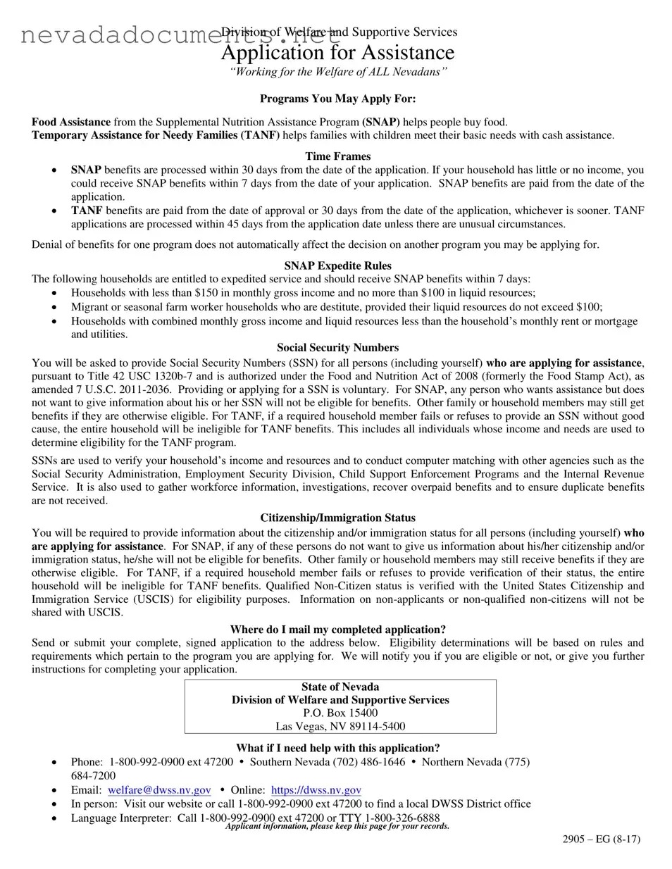 Nevada Welfare Division Form