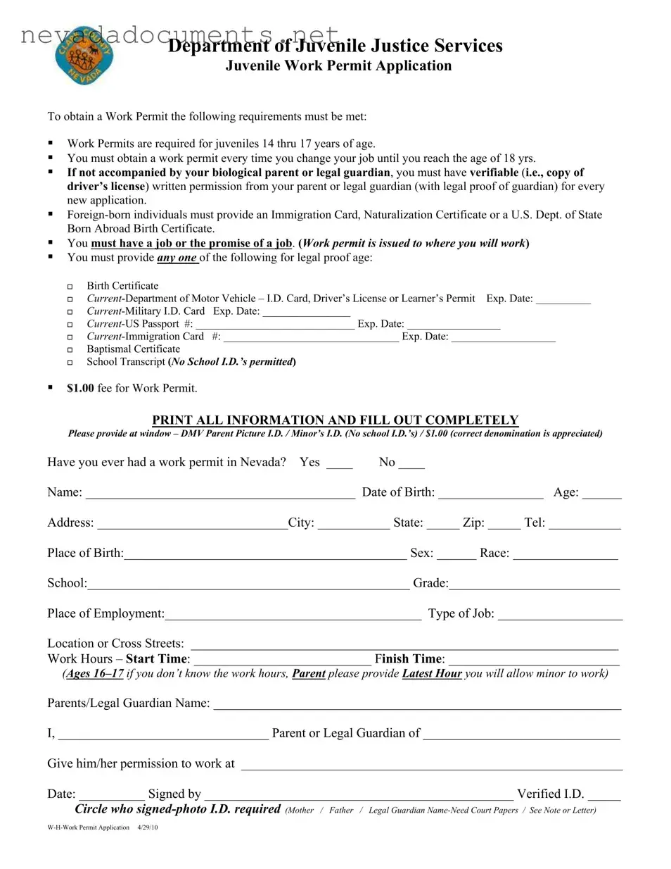 Nevada Work Permit Application Form