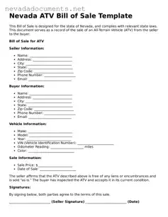 Valid ATV Bill of Sale Document for the State of Nevada