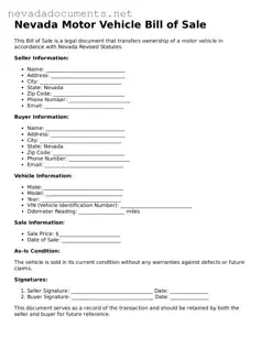 Valid Motor Vehicle Bill of Sale Document for the State of Nevada
