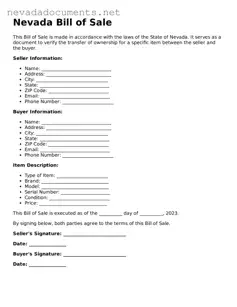 Valid Bill of Sale Document for the State of Nevada