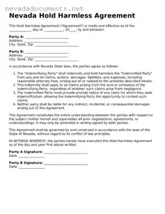 Valid Hold Harmless Agreement Document for the State of Nevada